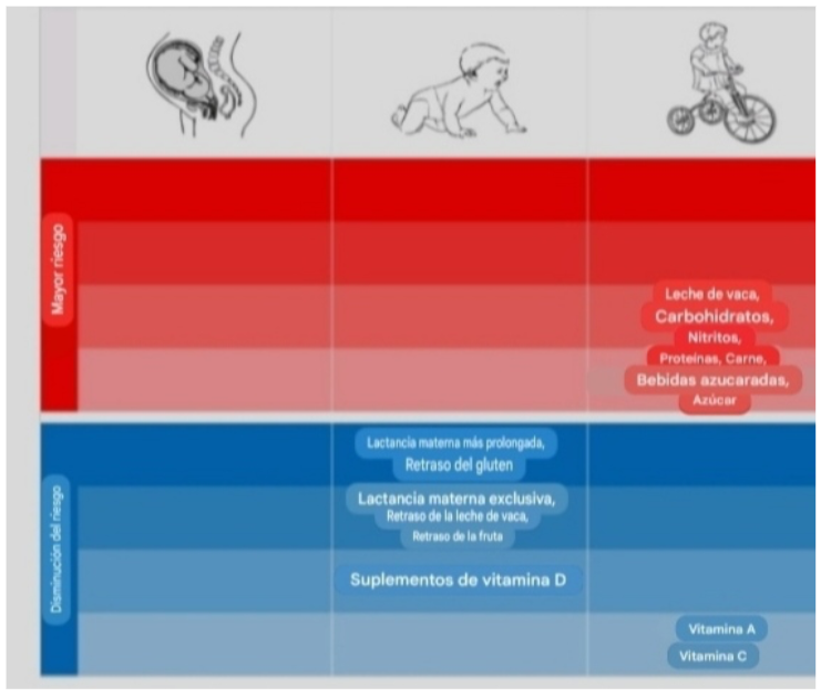 Figura 3. Certeza de la evidencia de las
asociaciones entre los factores dietéticos
en diferentes etapas del desarrollo y la incidencia
de la diabetes tipo 1, según la herramienta
GRADE (Lampousi et al. 2021)