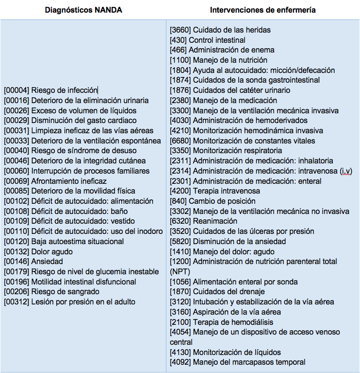 Principales diagnósticos e intervenciones de enfermería