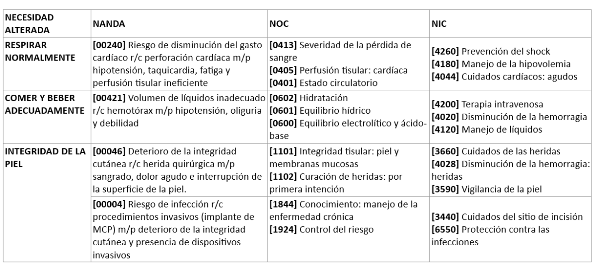 Tabla 1. Diagnósticos enfermeros, objetivos e intervenciones según taxonomía NANDA-NOC-NIC