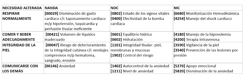 Tabla 1: Diagnósticos enfermeros, objetivos e intervenciones según taxonomía NANDA-NIC-NOC